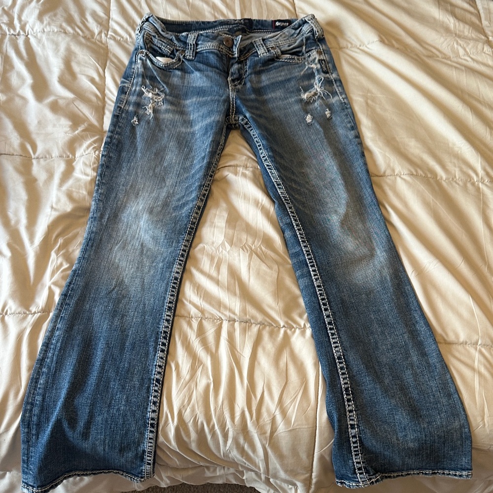 Silver Jeans Women's Distressed Flare Jeans - Blue